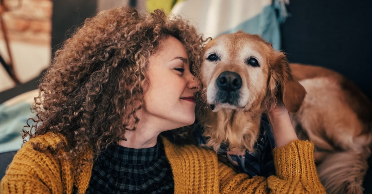 Woman with Curly Hair Providing Affection to her Golden Retriever 